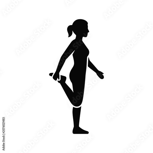 Silhouette of a woman performing a standing quadriceps stretch exercise for fitness and flexibility
