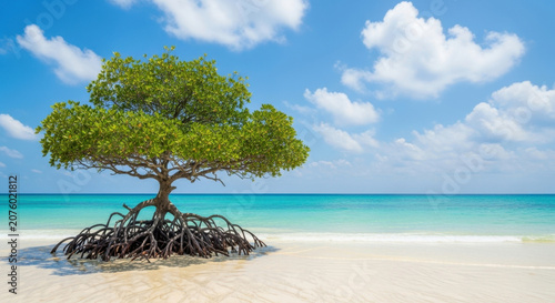 Lonely mangrove tree with intricate roots growing on pristine white sand beach surrounded by turquoise ocean waters under bright blue sunny sky view.