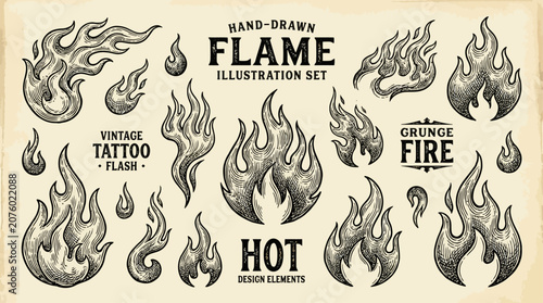Collection of hand drawn flame illustrations featuring vintage engraving style with swirling fire shapes, artistic flickering heat elements for retro graphic design and decorative etching.
