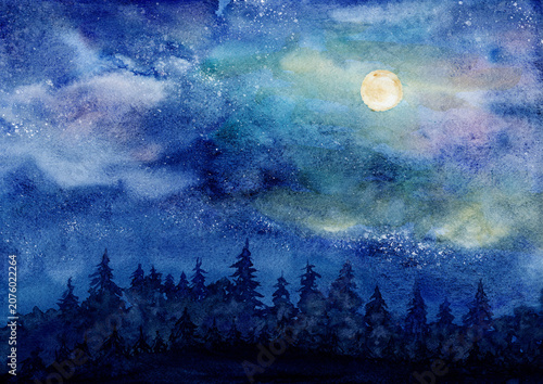 Cuadro en lienzo Hand-painted watercolor illustration of a peaceful moonlit night sky above a dark pine forest