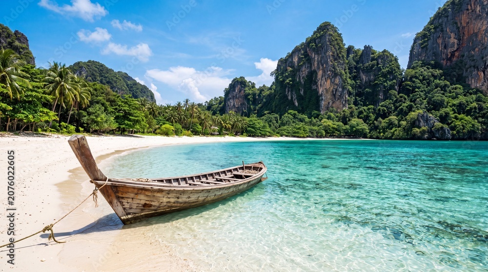 Obraz premium Tropical beach with turquoise water, wooden longtail boat, white sand, palm tree and limestone cliff under blue sky, exotic island travel destination.