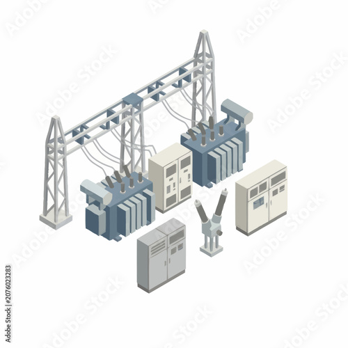Electrical substation with transformers and power lines.