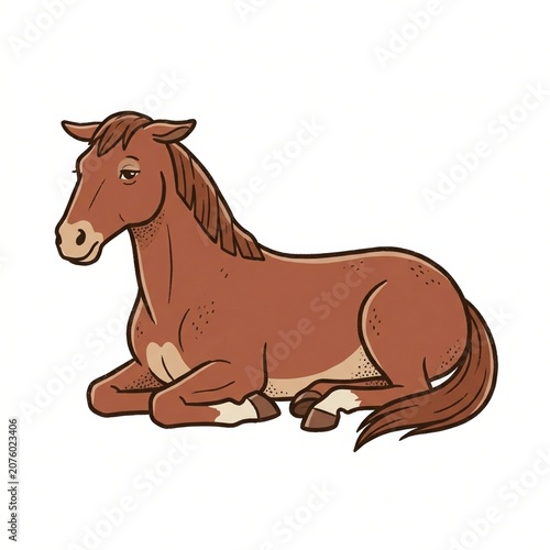 Resting chestnut clip art horse lying calmly with folded legs, sleepy expressive eyes, cream muzzle markings, stippled vintage texture, flowing tail, gentle posture and a clean white background