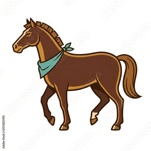 Rustic brown clip art horse trotting in side profile with a turquoise neck scarf, blocky trimmed mane, golden contour accents, relaxed character, lifted hooves and a clean white studio background
