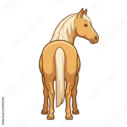 Golden palomino viewed from behind while turning its head in a quiet glance, distinctive clip art horse with cream mane and tail, softly modeled anatomy, balanced form and a clean white background