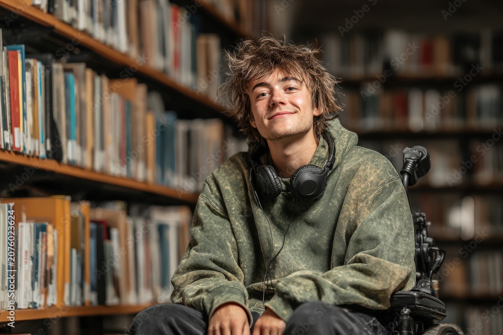 Obraz premium Young male in a green hoodie with headphones smiles while seated in a wheelchair, surrounded by bookshelves filled with various books in a library setting