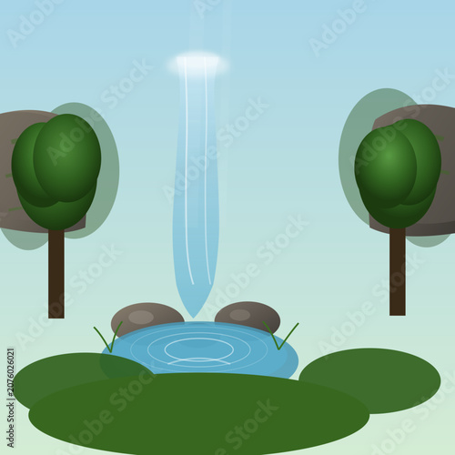 Waterfall flows into serene forest pond surrounded by trees