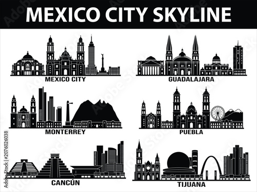 Black skyline set of six Mexican cities