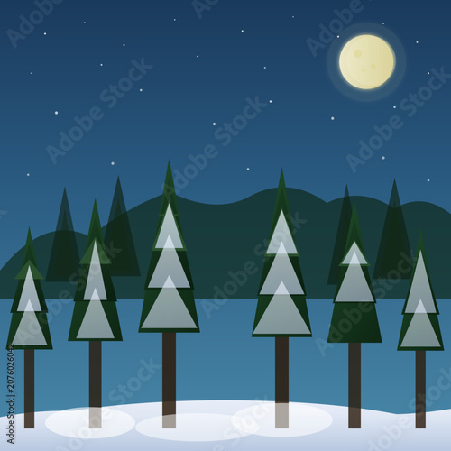 Snowy pine forest under a full moon at night with stars