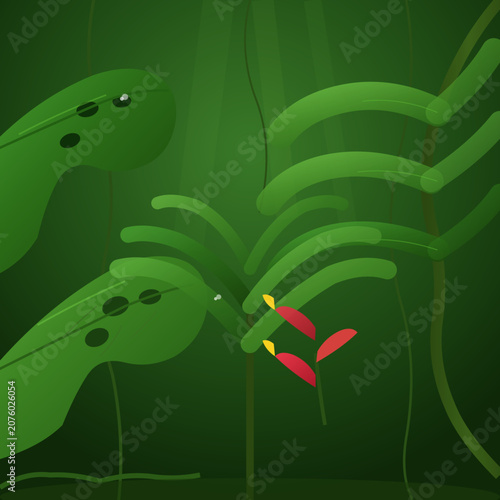 Two green cartoon frogs sitting on large leaves in a tropical jungle environment with red