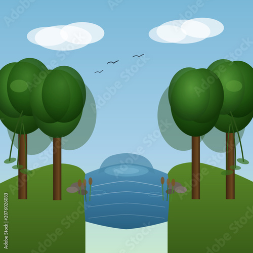 Serene forest river landscape with trees and birds flying overhead on a sunny day