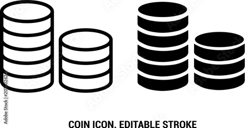 Simple outline coins icon in minimalist line style. Ideal for finance, money, currency, savings, payment, banking, investment, web, mobile apps, and user interface design.