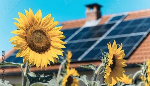 Bright yellow sunflowers in foreground with rooftop solar panels on house background sunflower sustainable renewable