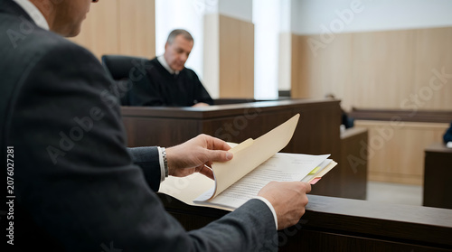 Defense Attorney Reviewing Case File Document in Courtroom in Front of Judge
