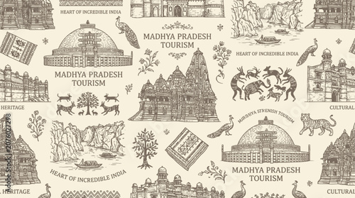 Intricate artistic illustration of a traditional Indian heritage pattern from Madhya Pradesh state, featuring cultural motifs and ethnic designs for tourism and travel backgrounds.