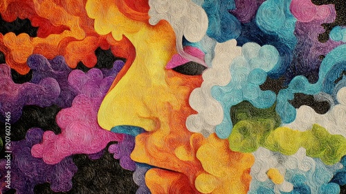 Colorful swirling clouds surround human face profile in vibrant illustration