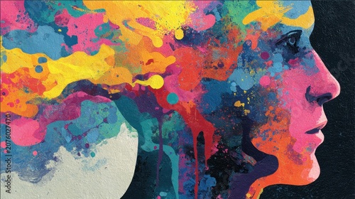 Colorful abstract woman profile with vibrant paint splash digital illustration