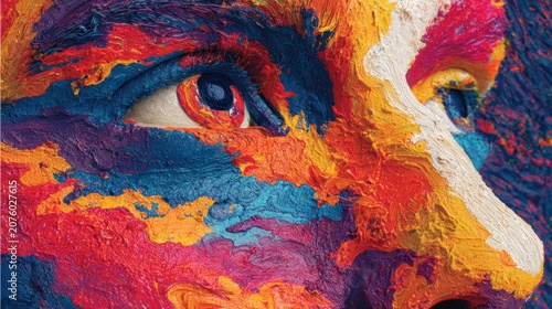 Vibrant oil paint textured human face closeup with bold multicolor brushstrokes