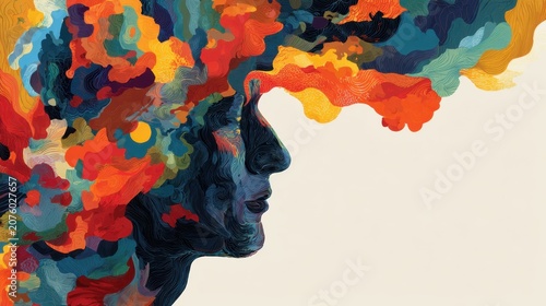 Colorful abstract mind explosion concept art with human profile silhouette