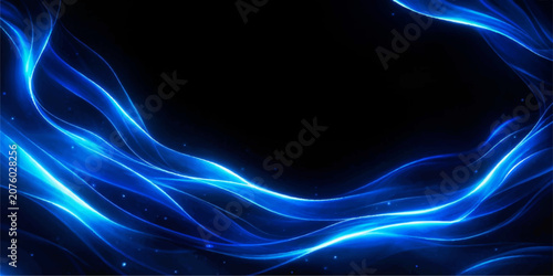 Fotografie Abstract flowing blue energy waves with glowing light particles on a black background, evoking a sense of mystery and futuristic motion
