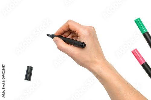 Hand holding black marker pen transparent background
