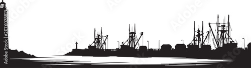 Silhouette of Sailing Yacht on River Near Industrial Harbor with Cranes Cargo Ships and Port Infrastructure Vector Illustration for Nautical Transportation and Maritime Industry Design