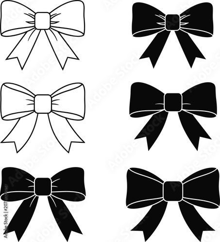Black and white decorative bow ribbon collection line art