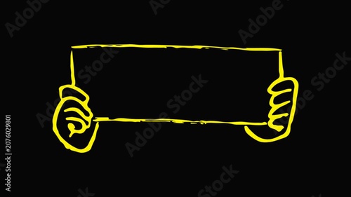 Sketchy cartoon hands holding a white sign board, loop animation vector