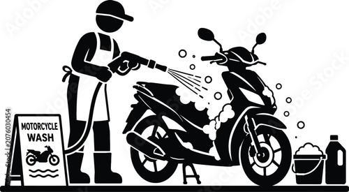 Motorcycle Wash Service Illustration, Vehicle Cleaning and Maintenance Concept