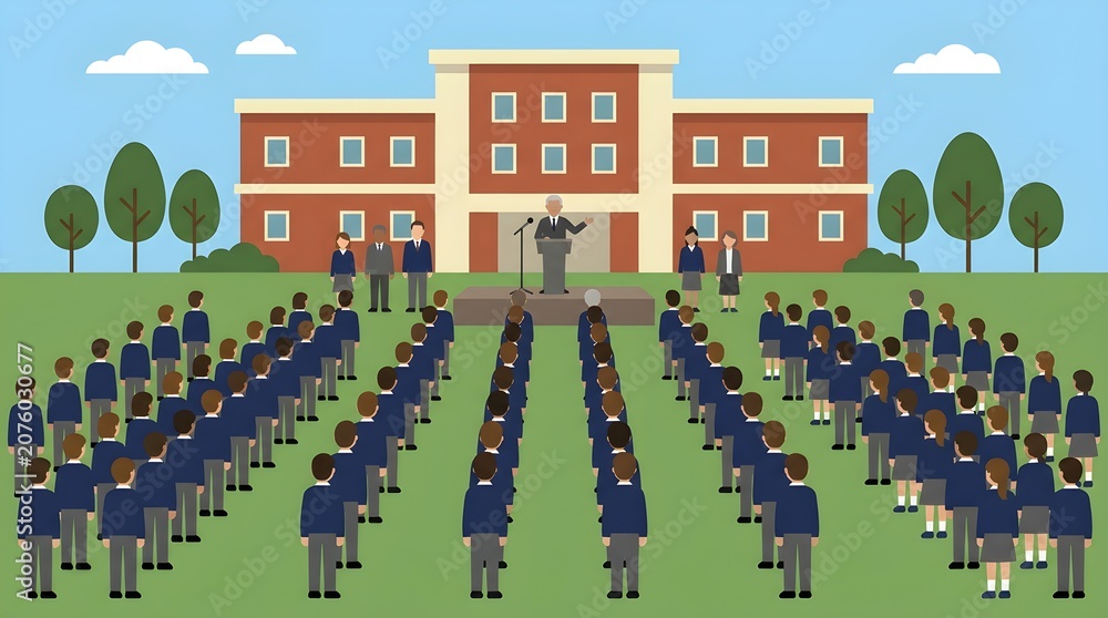 Obraz premium Flat vector illustration of a school assembly ceremony with students standing in front of a school building while a principal gives a speech. Represents education events, school activities, leadership