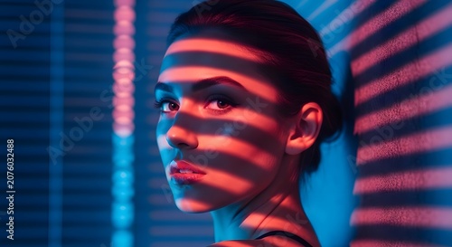 Woman portrait with light and shadow patterns. Cinematic lighting and stylish atmosphere. Beautiful woman with blind shadow effects on her face in a blue and red neon room
