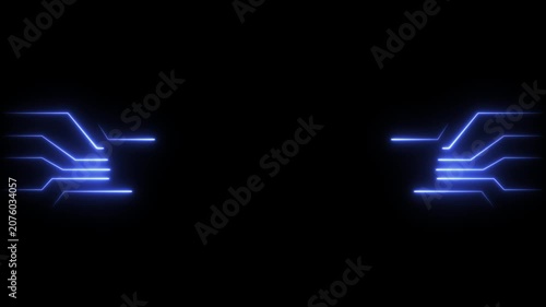 Neon circuit board lines glowing on black background technology concept.