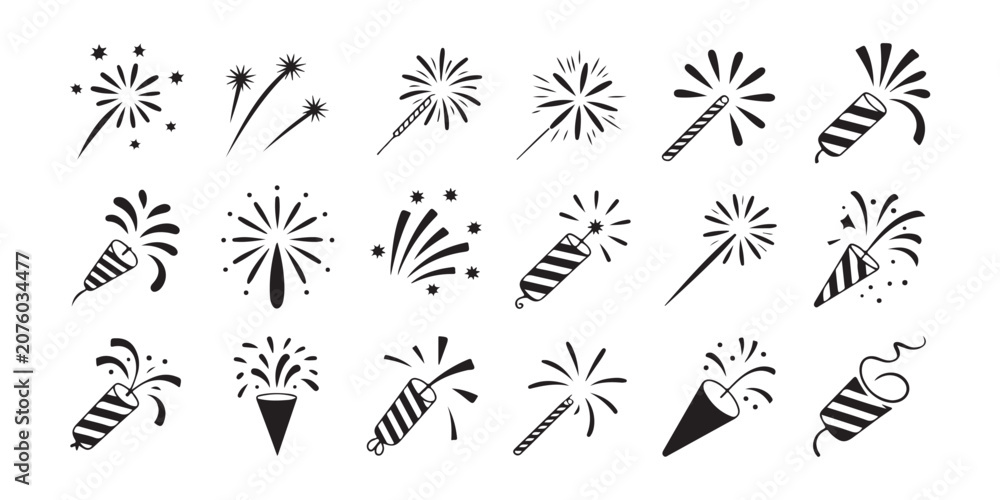 Fototapeta premium Set of black and white firework and party popper icons for celebration and holiday design