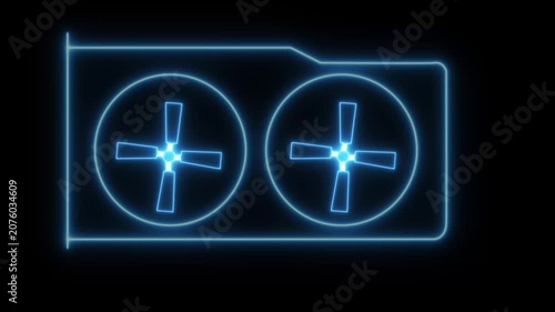 Animated by neon processing unit with two cooling fans on a black background.