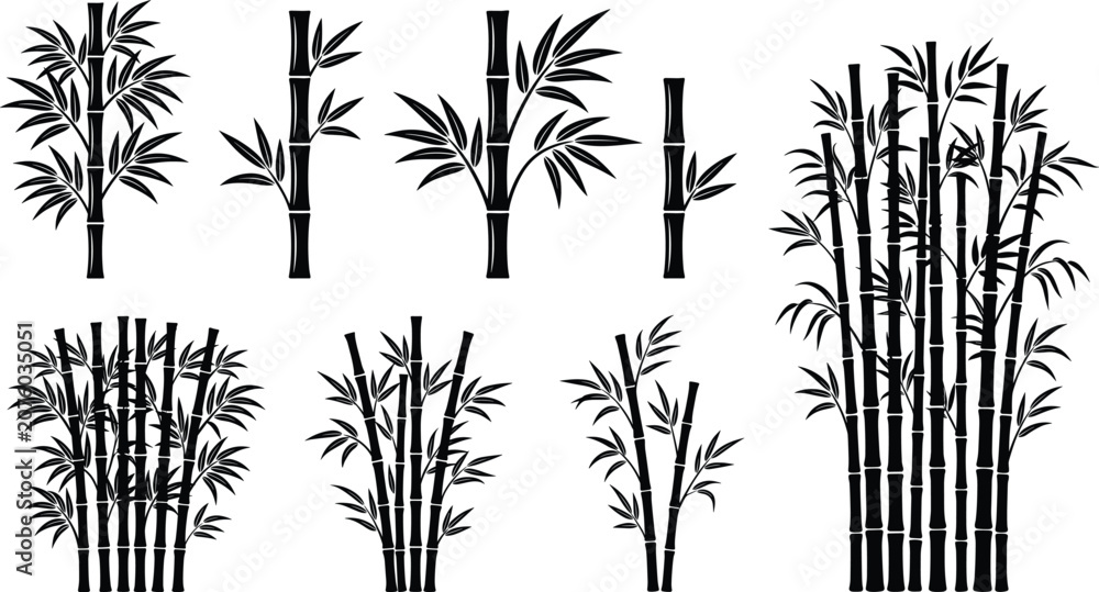 Obraz premium Silhouette vector set of bamboo stalks and leaves for zen nature and Asian design elements