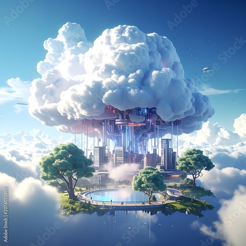 A futuristic city on a floating island with a large cloud