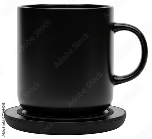 Matte black ceramic coffee mug on electronic heating coaster on a transparent background