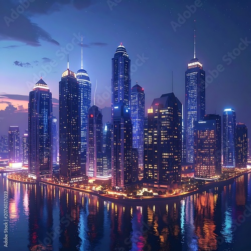 A futuristic city skyline at dusk with skyscrapers and calm water