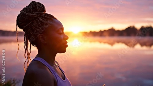 Woman meditating by misty lake at sunrise with golden light