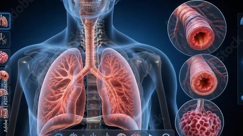Human Respiratory System Showing Lungs and Cross Section of Bronchi. 4K Video