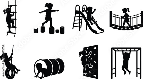 Fotografía Children Playground Adventure Silhouette Collection with Climbing Sliding Balanc