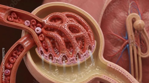 Kidney Nephron Glomerulus Filtering Blood and Fluids. 4K Video