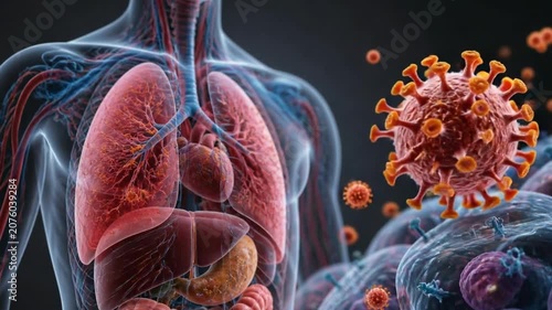 Human Lungs and Heart Facing Viral Infection Attack. 4K Video