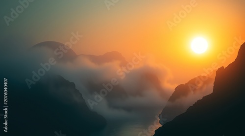 Golden Sunrise Over the Majestic Mountains with Morning Light, Scenic Mountain Landscape, Colorful Sky, Peaceful Nature, Misty Peaks, Outdoor Wilderness and Natural Beauty
