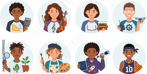 Cuadro en lienzo Set of cartoon portrait illustrations showing student interests and hobbies