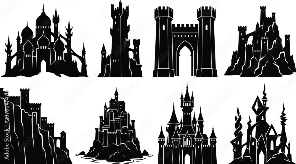 Obraz premium Set of fantasy castle silhouette illustrations with diverse designs
