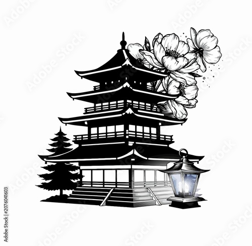 Traditional Japanese Pagoda Architecture Adorned with Cherry Blossoms and a Lantern, Evoking Tranquility and Cultural Heritage