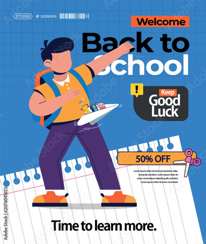 Back to School Posters and Social Media Templates with Colorful School Supplies and Abstract Geometric Shapes Vector Illustration