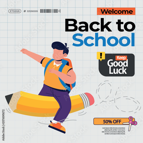 Back to School Posters and Social Media Templates with Colorful School Supplies and Abstract Geometric Shapes Vector Illustration