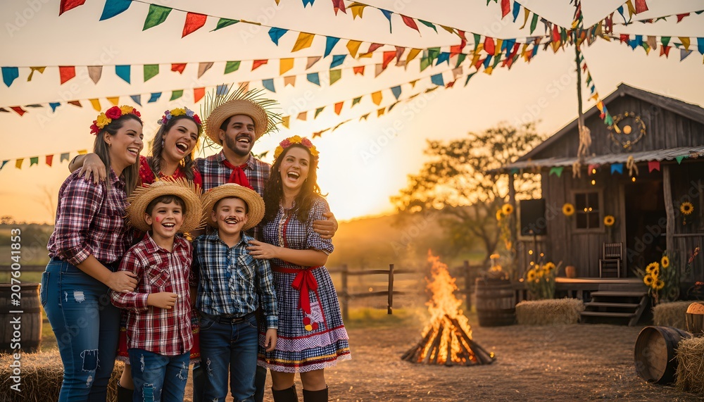 Fototapeta premium Cheerful Brazilian family enjoying traditional outdoor rural festival with bonfire and colorful flags, celebrating Festa Junina culture concept in the countryside